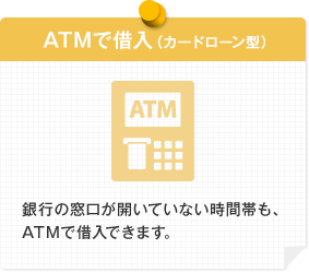 ATMで借入（カードローン型） 銀行の窓口が開いていない時間帯も、ATMで借入できます。