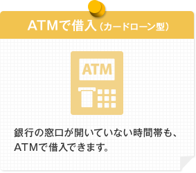 ATMで借入(カードローン型) 銀行の窓口が開いていない時間帯も、ATMで借入できます。