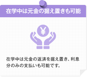 在学中は元金の据え置きも可能 在学中は元金の返済を据え置き、利息分のみの支払いも可能です。