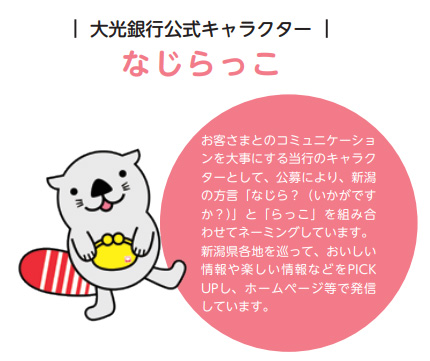 お客さまとのコミュニケーションを大事にする当行のキャラクターとして、公募により、新潟の方言「なじら?(いかがですか?)」と「らっこ」を組み合わせてネーミングしています。新潟県各地を巡って、おいしい情報や楽しい情報などをPICKUPし、ホームページ等で発信しています。