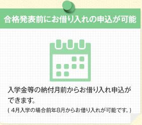 合格発表前にお借り入れの申込が可能 入学金等の納付月前からお借り入れ申込ができます。(4月入学の場合前年8月からお借り入れが可能です。)