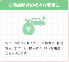 自動車関連の様々な費用に 新車・中古車の購入から、車検費用、修理費用、オプション購入費等、様々な用途にご利用頂けます。
