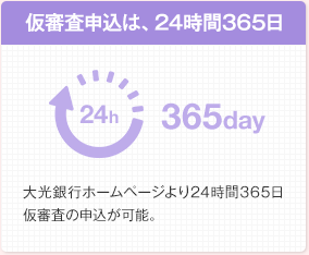 仮審査申込は、24時間365日 大光銀行ホームページより24時間365日仮審査の申込が可能。