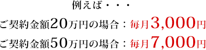 例えば・・・ご契約金額20万円の場合:毎月3,000円 ご契約金額50万円の場合:毎月7,000円