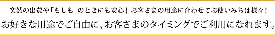 突然の出費や「もしも」のときにも安心!お客さまの用途に合わせてお使いみちは様々!お好きな用途でご自由に、お客さまのタイミングでご利用になれます。