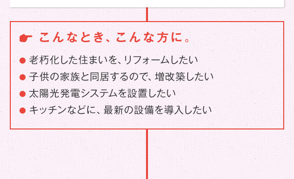 こんなとき、こんな方に。 ●老朽化した住まいを、リフォームしたい ●子供の家族と同居するので、増改築したい ●太陽光発電システムを設置したい ●キッチンなどに、最新の設備を導入したい