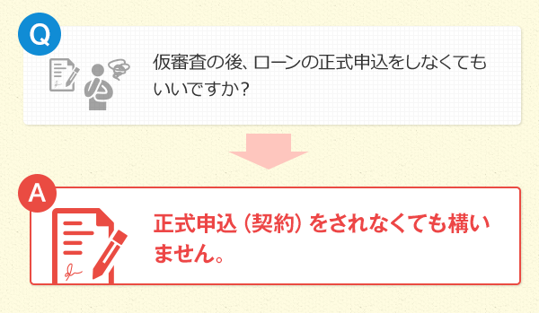 Q.仮審査の後、ローンの正式申込をしなくてもいいですか？　A.正式申込（契約）をされなくても構いません。