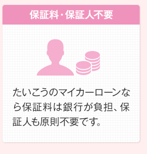 保証料・保証人不要　たいこうのマイカーローンなら保証料は銀行が負担、保証人も原則不要です。